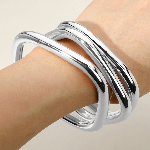 Silver 3 Piece Stack Square Metal Bangle Bracelets Set Layered Jewelry - Picture 3 of 4